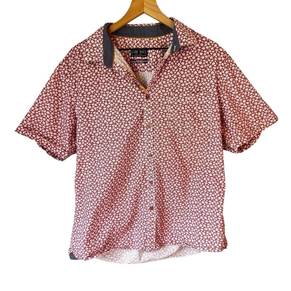 LON NYC Men’s Button Up Floral Print  Light Burgundy Camp Top Sz US L